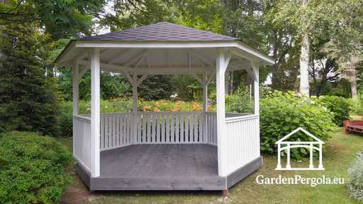 Hatszögletű fa pavilon — hangulatos kerti pavilon padlóval és fedett tetővel - garden gazebo pergola