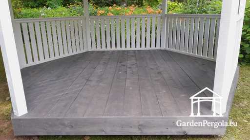 Hatszögletű fa pavilon — hangulatos kerti pavilon padlóval és fedett tetővel