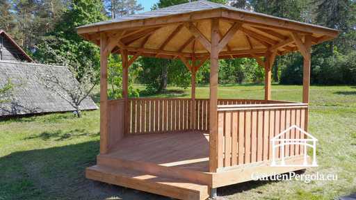Hatszögletű Fa Kerti Pavilon — Hangulatos Kerti Pavilon Padlóval és Fedett Tetővel - garden gazebo pergola