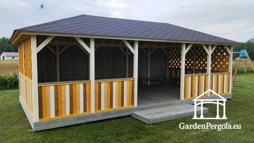 4x8 m-es Fa Óvodai Pavilon — Tágas Kültéri Pavilon Padlóval és Fedett Tetővel - garden gazebo pergola