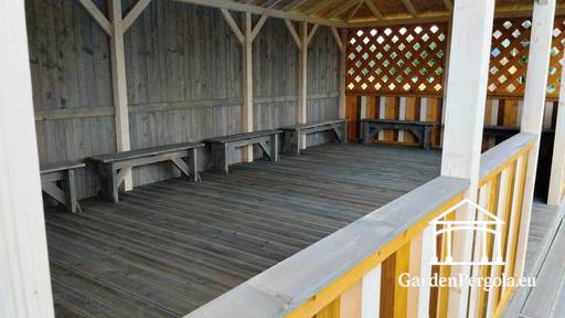 4x8 m-es Fa Óvodai Pavilon — Tágas Kültéri Pavilon Padlóval és Fedett Tetővel