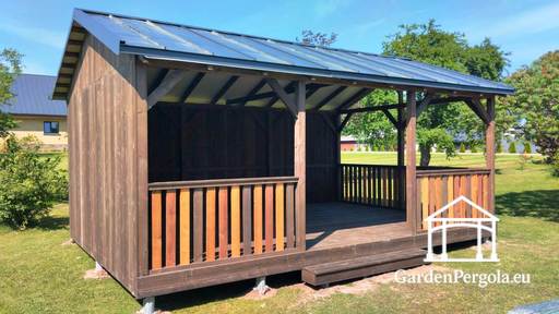 4x6 m Barna Fa Kerti Pavilon — Tágas Kerti Pavilon Padlóval és Fém Kétszintes Tetővel - garden gazebo pergola