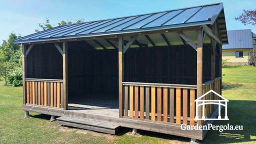 4x6 m Barna Fa Kerti Pavilon — Tágas Kerti Pavilon Padlóval és Fém Kétszintes Tetővel