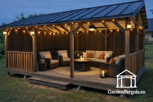 4x6 m Barna Fa Kerti Pavilon — Tágas Kerti Pavilon Padlóval és Fém Kétszintes Tetővel