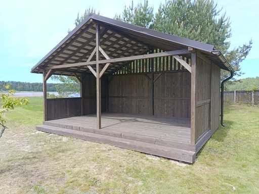 4x6 m-es fa kerti pavilon — Tágas kerti pavilon padlóval és kétszintes tetővel - garden gazebo pergola
