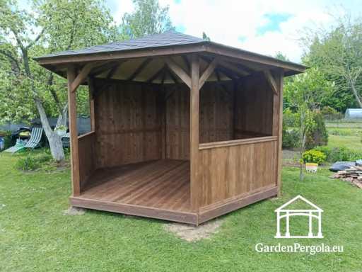 Hatszögletű fa pavilon — Kényelmes kerti pavilon padlóval és fedett tetővel - garden gazebo pergola