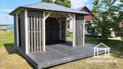 3x4 m-es fa pavilon 4x4 m-es terasszal — Kényelmes kerti pavilon padlóval és nyitott terasszal - garden gazebo pergola