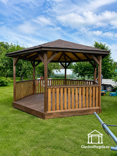 Hatszögletű Fa Kerti Pavilon — Hangulatos Kerti Pavilon Padlóval és Fedett Tetővel - garden gazebo pergola