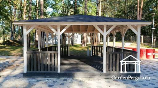5x5 m-es fa pavilon — Tágas kerti pavilon padlóval és két nyitott bejárattal - garden gazebo pergola