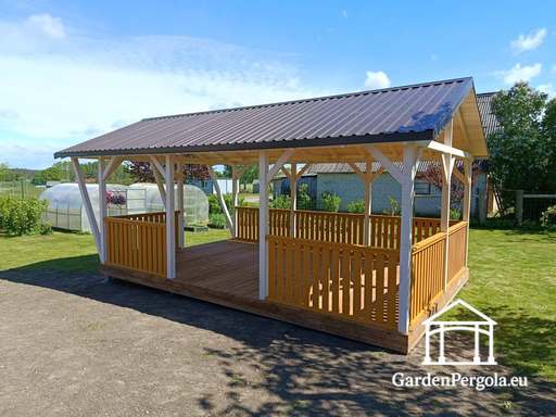 4x7 m Egyedi Készítésű Fa Kerti Pavilon — Tágas Kerti Pavilon Padlóval és Kettős Hajlású Tetővel - garden gazebo pergola