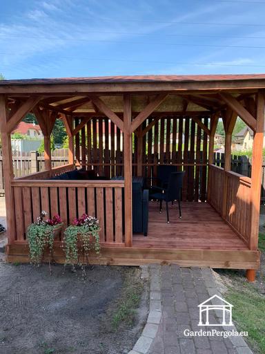 3x3,5 m Barna Fa Kerti Pavilon — Hangulatos Kerti Pavilon Padlóval és Dekoratív Rácsos Oldalakkal - garden gazebo pergola