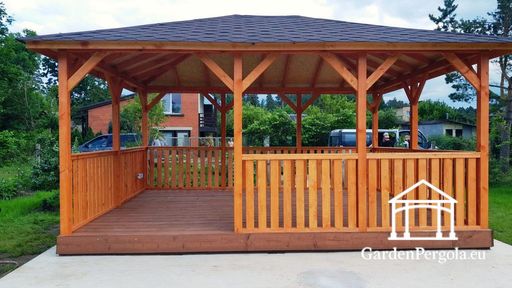 4x5 m borostyánfa kerti pavilon — tágas kerti pavilon padlóval, korláttal és fedett tetővel - garden gazebo pergola