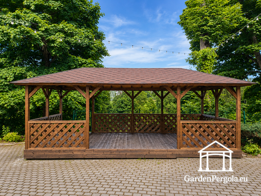 4x7 m barna fa kerti pavilon — Tágas kerti pavilon padlóval, rácsos korlátokkal és zsindelytetővel - garden gazebo pergola