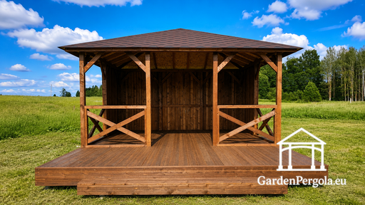 4x4,5 m-es fa kerti pavilon 2x4,5 m-es nyitott terasszal - garden gazebo pergola