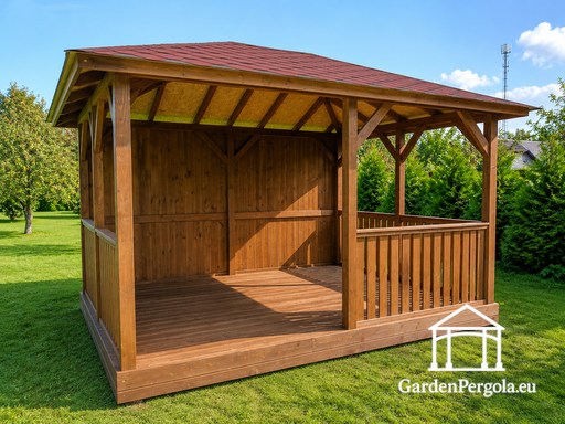 3x4 m-es Fa Kerti Pavilon — Hangulatos Kerti Pavilon Padlóval és Zárt Hátsó Fallal - garden gazebo pergola