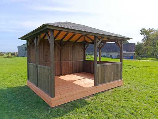 Kerti kiülő zsindelytetővel — 3x4 m-es sötét fa pavilon padlóval