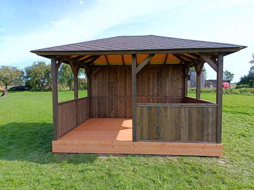 Kerti kiülő zsindelytetővel — 3x4 m-es sötét fa pavilon padlóval - garden gazebo pergola