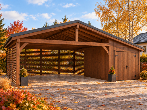 4,5 × 9 m-es fa kocsibeálló tárolóval és fém nyeregtetővel - garden gazebo pergola