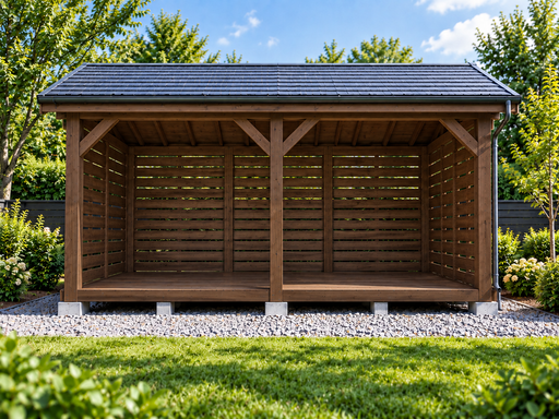 3 × 4,5 m nyitott fa tűzifatároló nyeregtetővel - garden gazebo pergola