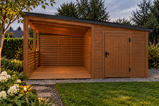 4,5x4,5 m-es fa kerti épület tárolóval és előtetővel - garden gazebo pergola