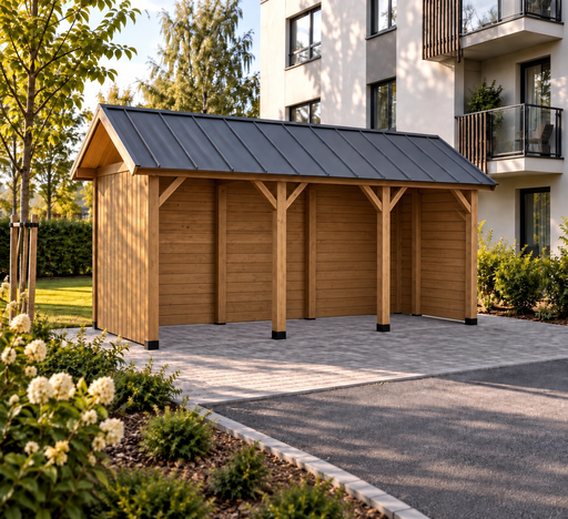 2 × 5 m-es fa kukatároló társasházakhoz fém nyeregtetővel - garden gazebo pergola