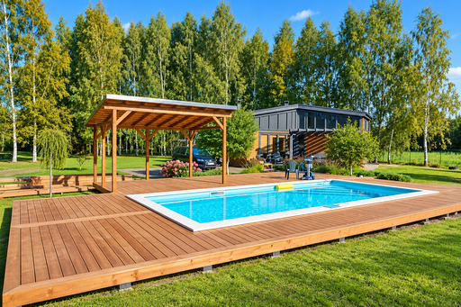 Egyedi 65 m²-es természetes fa medenceterasz beépített pergolával - garden gazebo pergola